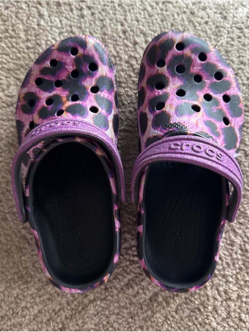 CROCS Kids' Purple Leopard Print Clogs with Black Accents